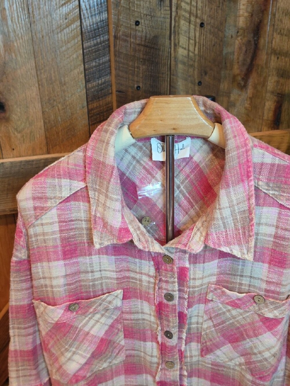 100p Oli & Hali Pink and Cream Plaid Button-Up  with Lace Trim - Picture 3 of 15